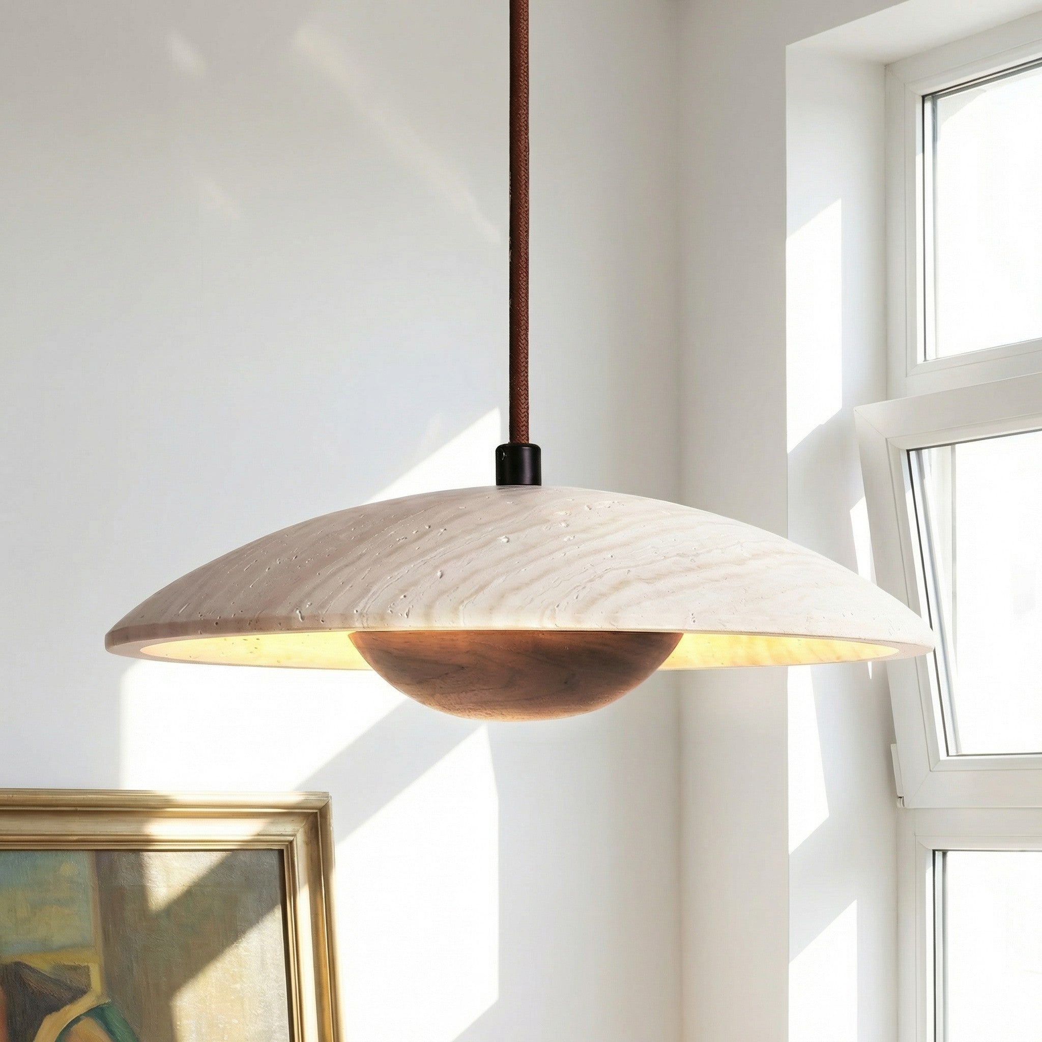 Avenor Modern Natural Stone Travertine Wood Disc Pendant Light