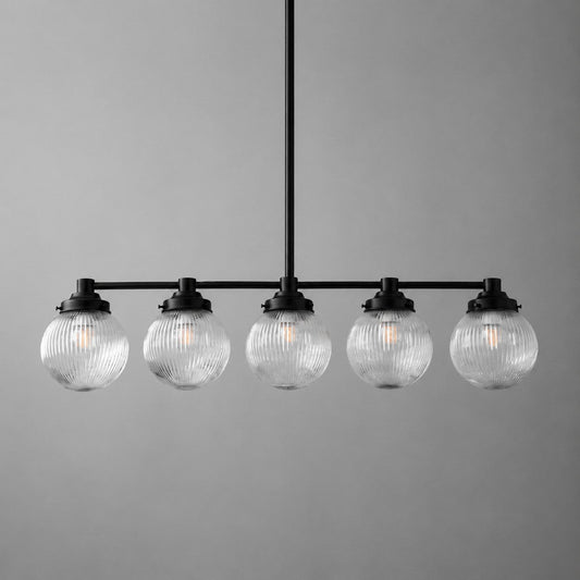 Alden Vintage Brass Ribbed Glass Globe Linear Chandelier