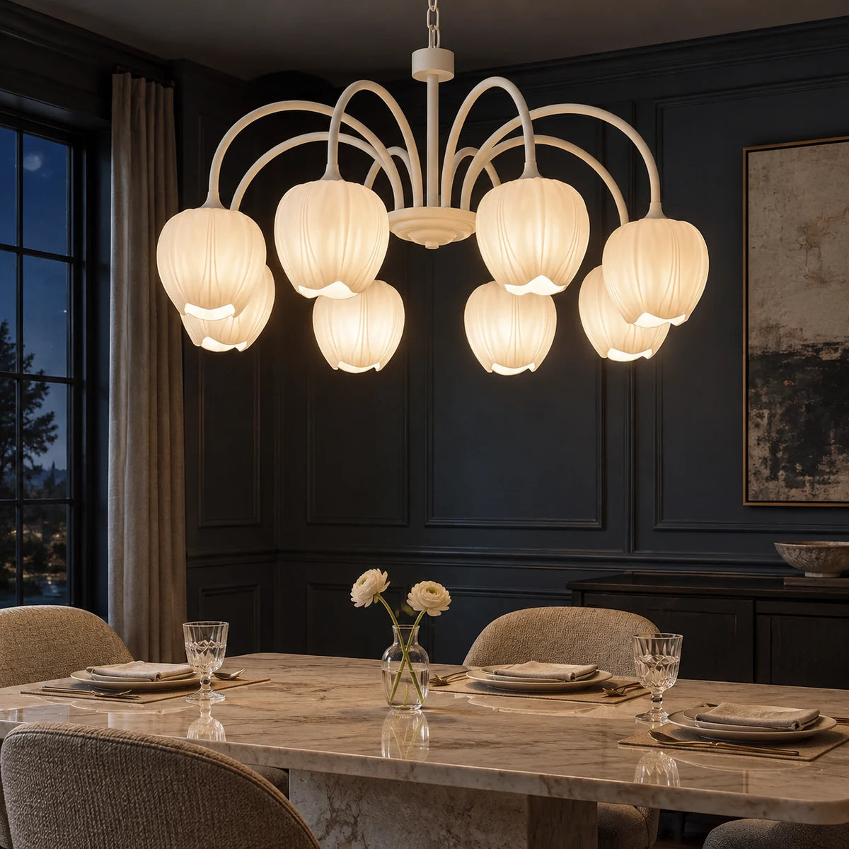 Tessara 8-light Creamy White chandelier in an evening salon