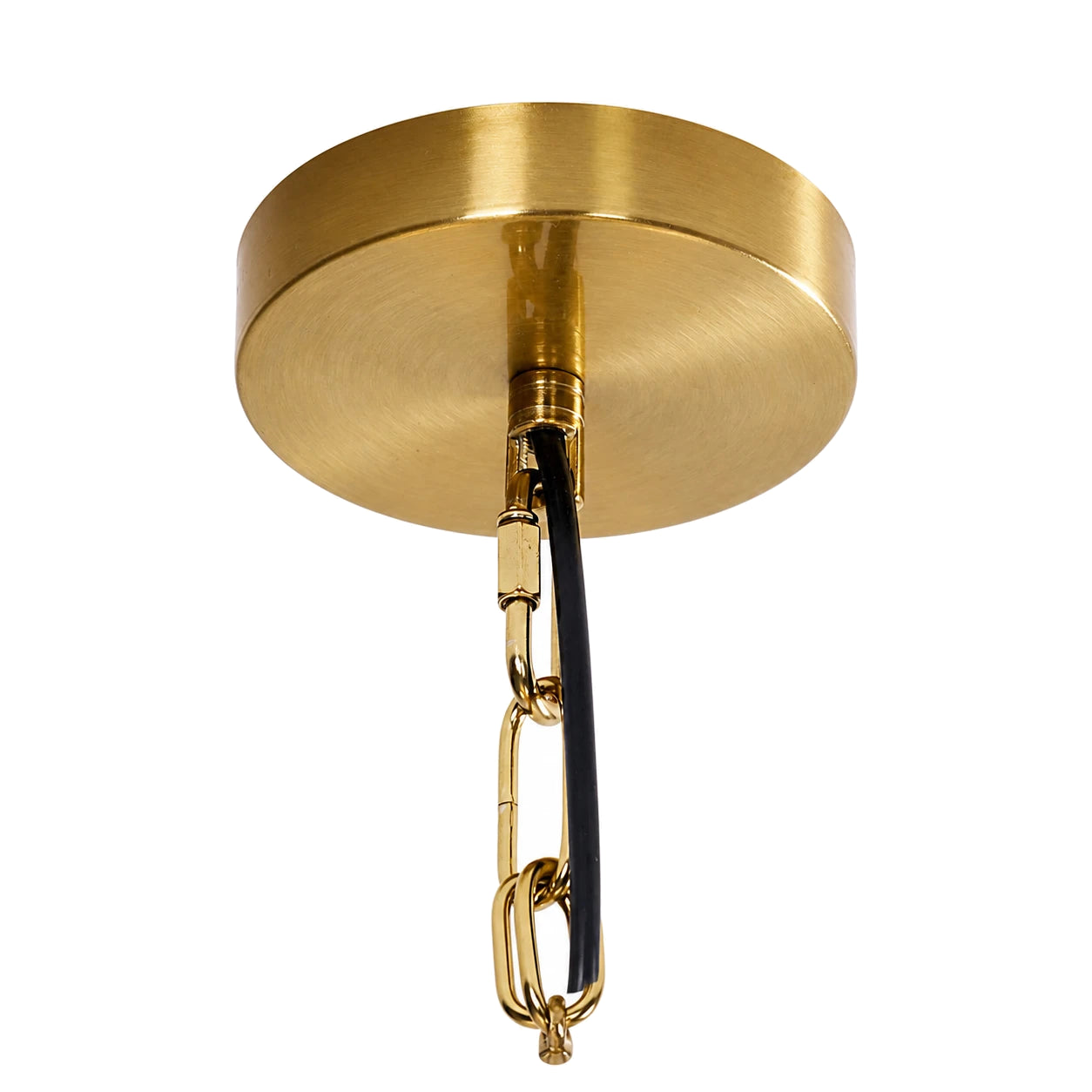 Close-up of the Aster chandelier brass ceiling canopy and adjustable chain