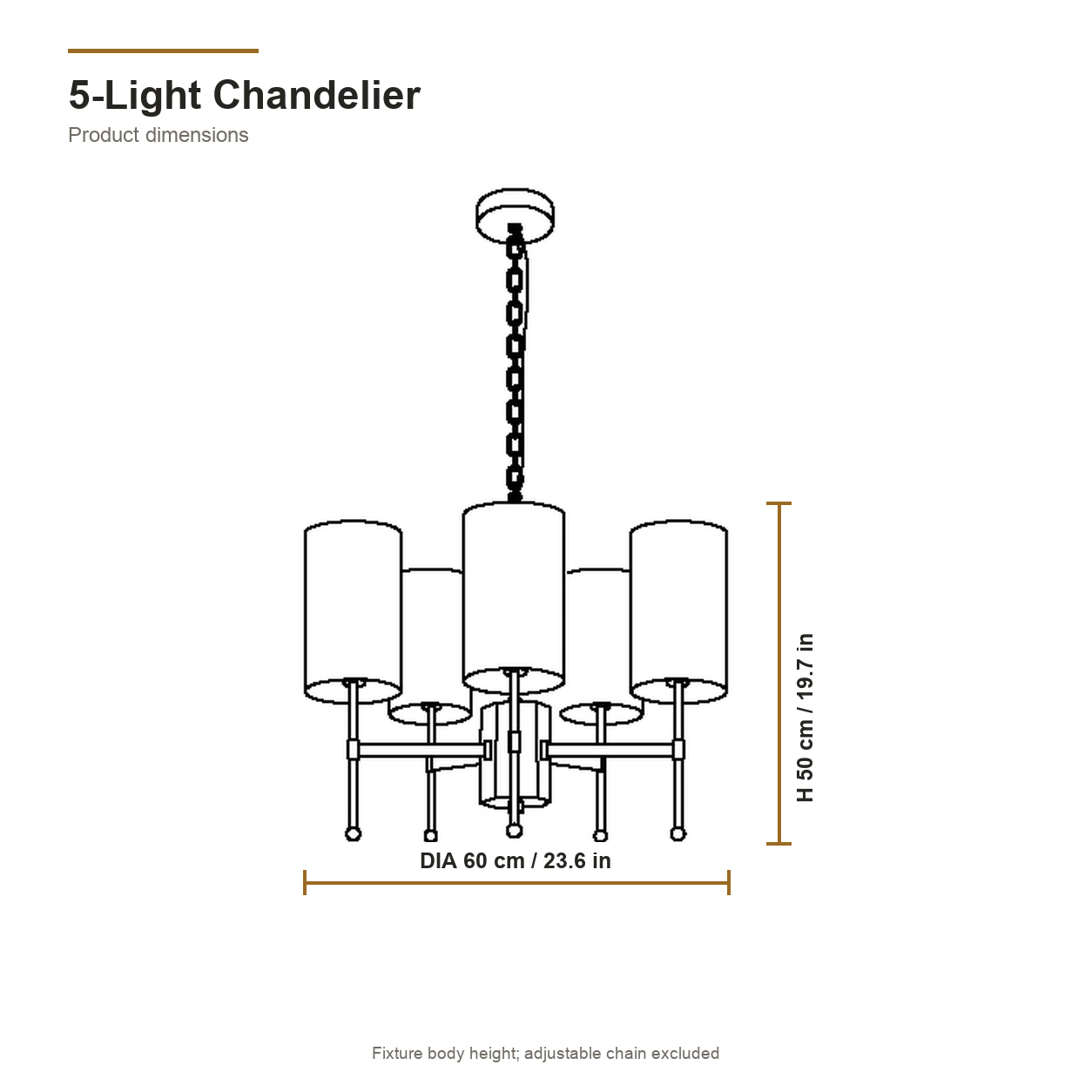 5-light Aster chandelier dimensions: 60 cm or 23.6 inch diameter by 50 cm or 19.7 inch fixture height