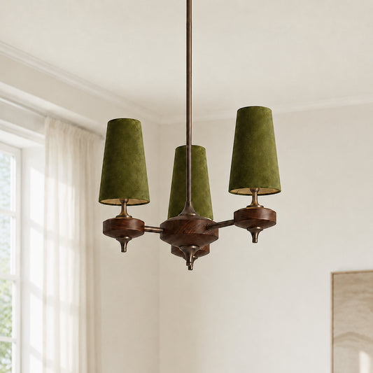 Virelia Mid-Century Walnut Fabric Shade Chandelier