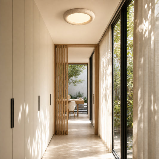 Calder Modern Round Acrylic Travertine Ceiling Light
