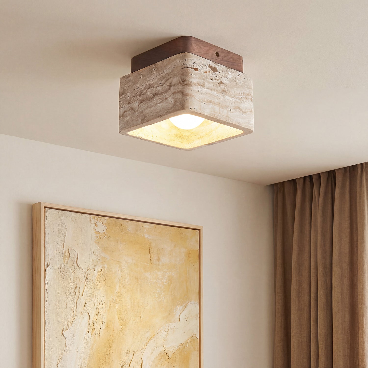 Modern Square Travertine Stone 1-Light Flush Mount Ceiling Light