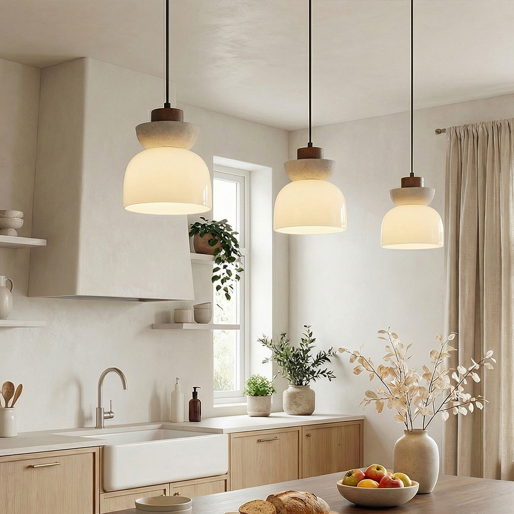 【蛇(ラブラドライト)/マイカinカイヤナイト/クリームアラシャン】内径16cm Angelia Wabi-Sabi Travertine Frosted Glass Pendant Light