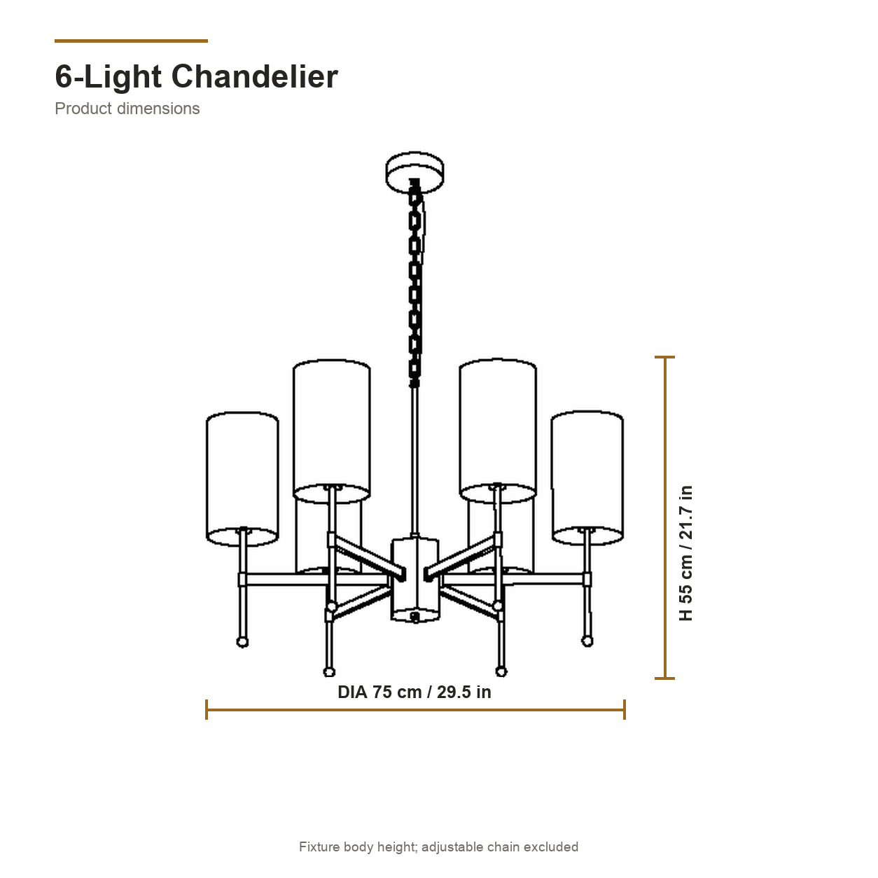 6-light Aster chandelier dimensions: 75 cm or 29.5 inch diameter by 55 cm or 21.7 inch fixture height