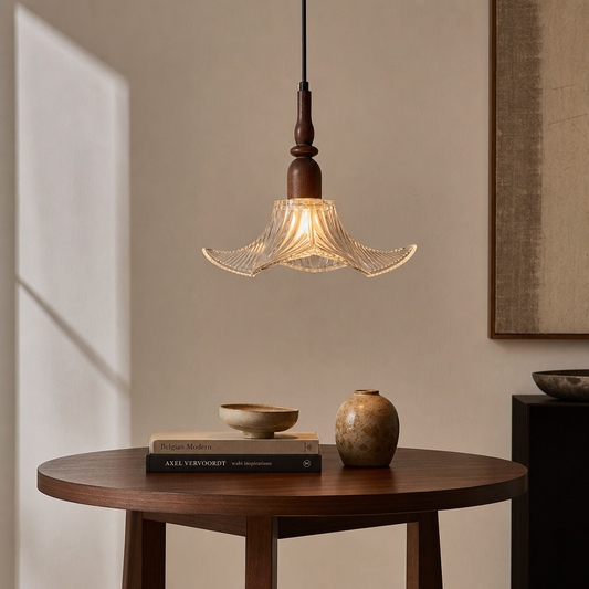 Adikia Moderne Pendelleuchte aus Holz, kunstvollem Glas und floralem Muster