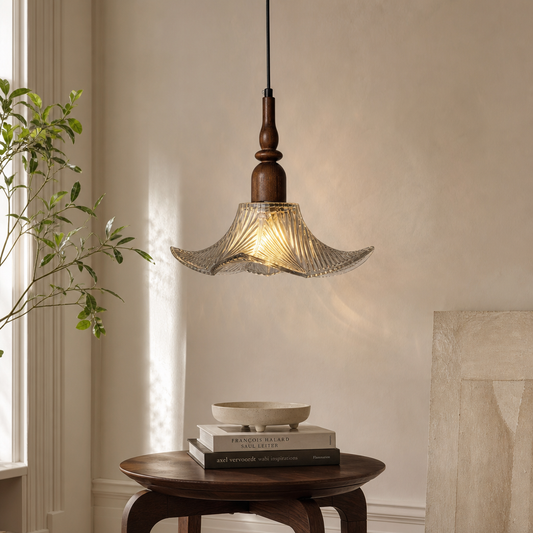 Adikia Moderne Pendelleuchte aus Holz, kunstvollem Glas und floralem Muster