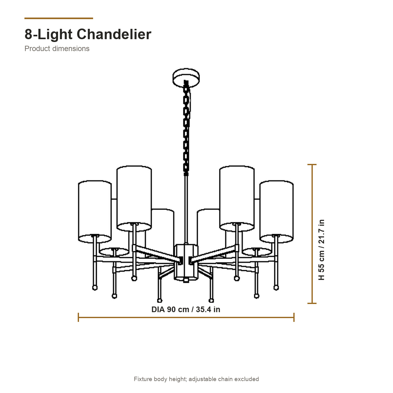 8-light Aster chandelier dimensions: 90 cm or 35.4 inch diameter by 55 cm or 21.7 inch fixture height