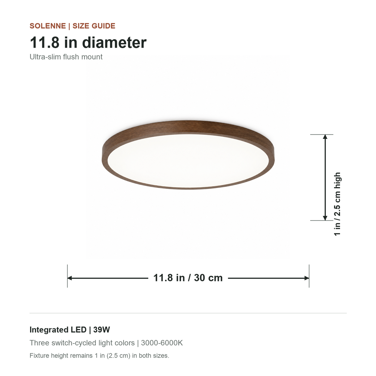 Solenne 11.8-inch ceiling light dimension and wattage guide