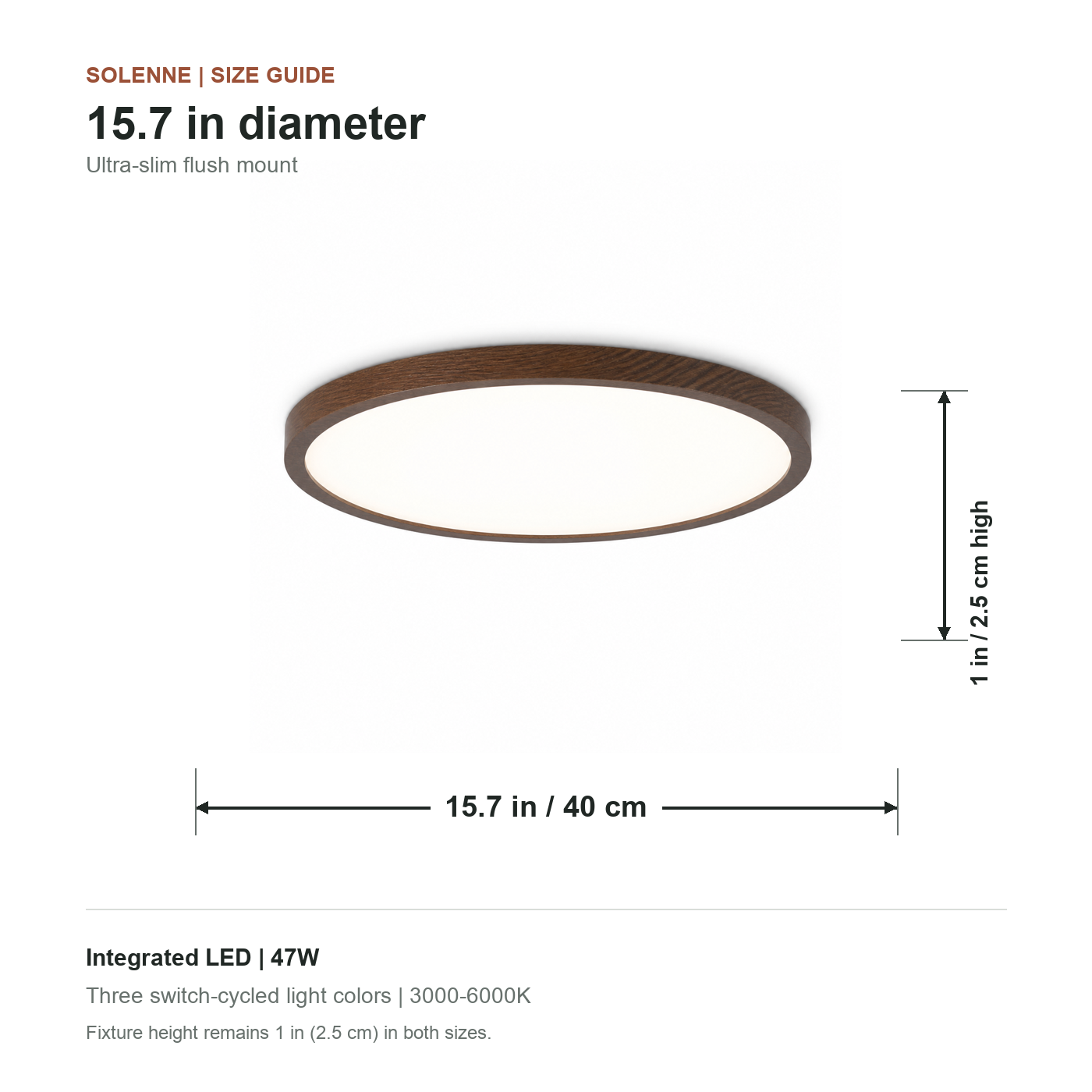 Solenne 15.7-inch ceiling light dimension and wattage guide