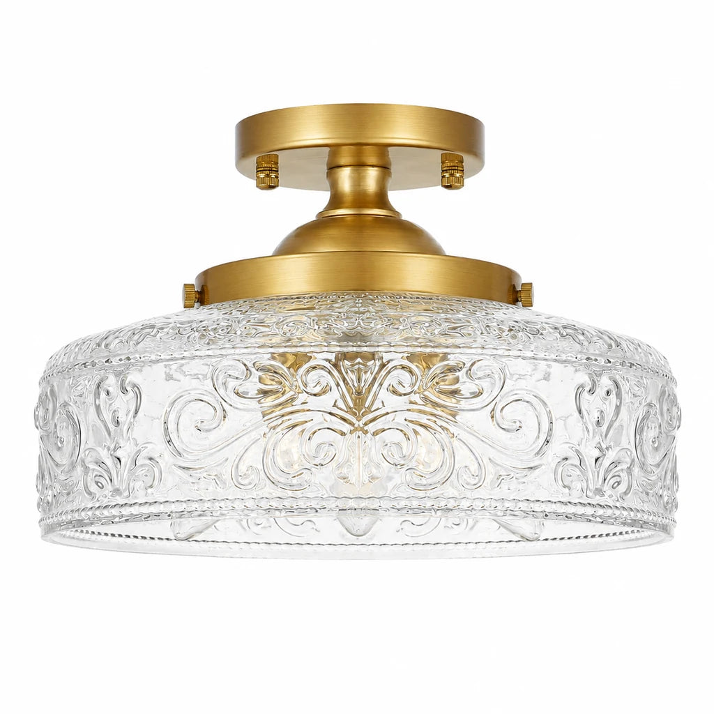 Rosalie gold etched clear glass semi flush ceiling light on white