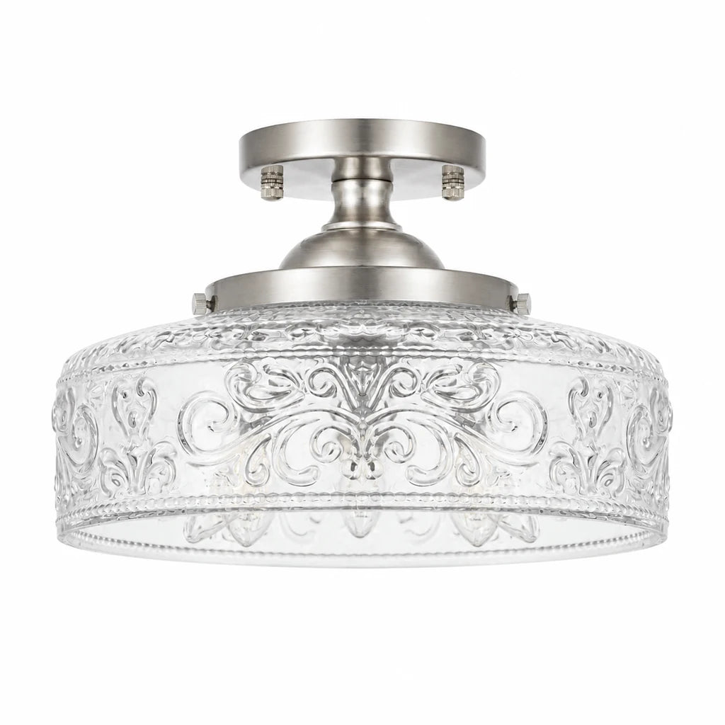 Rosalie brushed nickel etched clear glass semi flush ceiling light on white