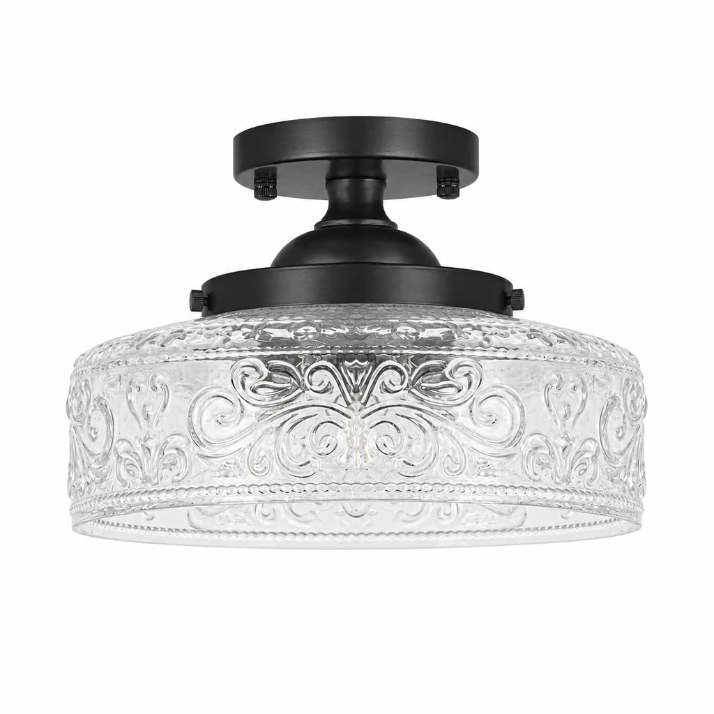Rosalie matte black etched clear glass semi flush ceiling light on white