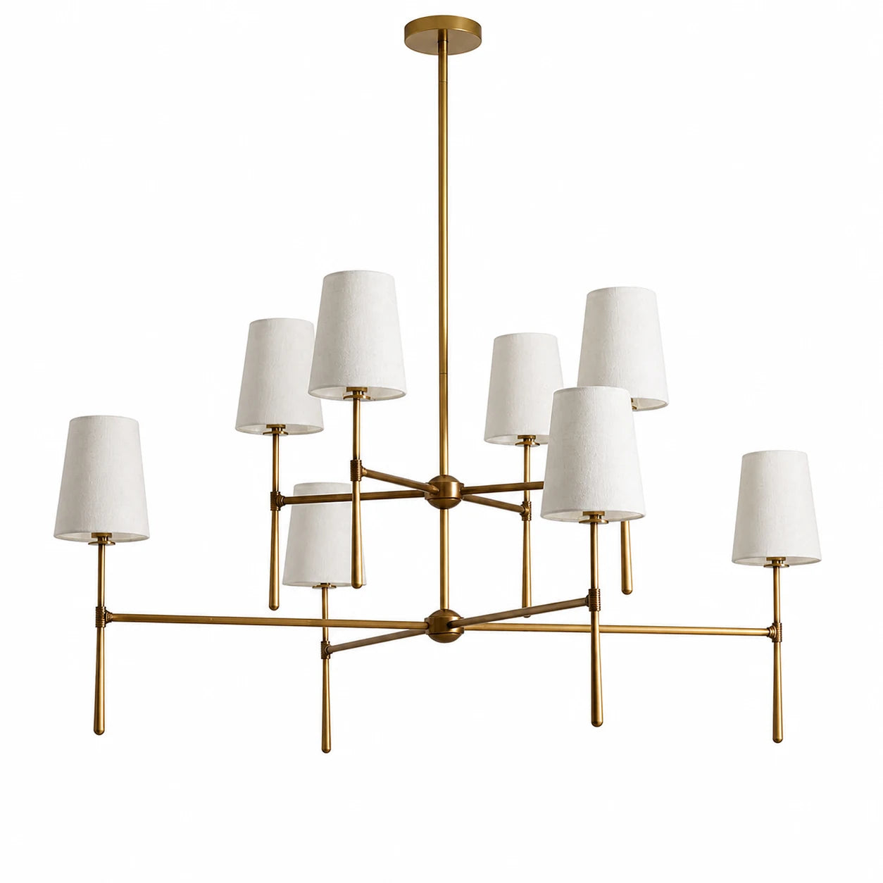 Brass eight-light 4+4 two-tier Thalen chandelier on a white background