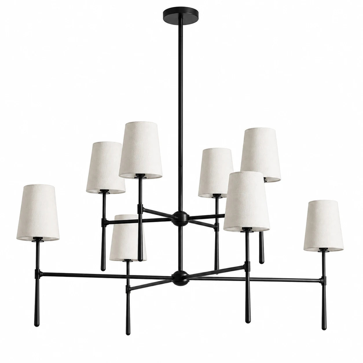 Black eight-light 4+4 two-tier Thalen chandelier on a white background