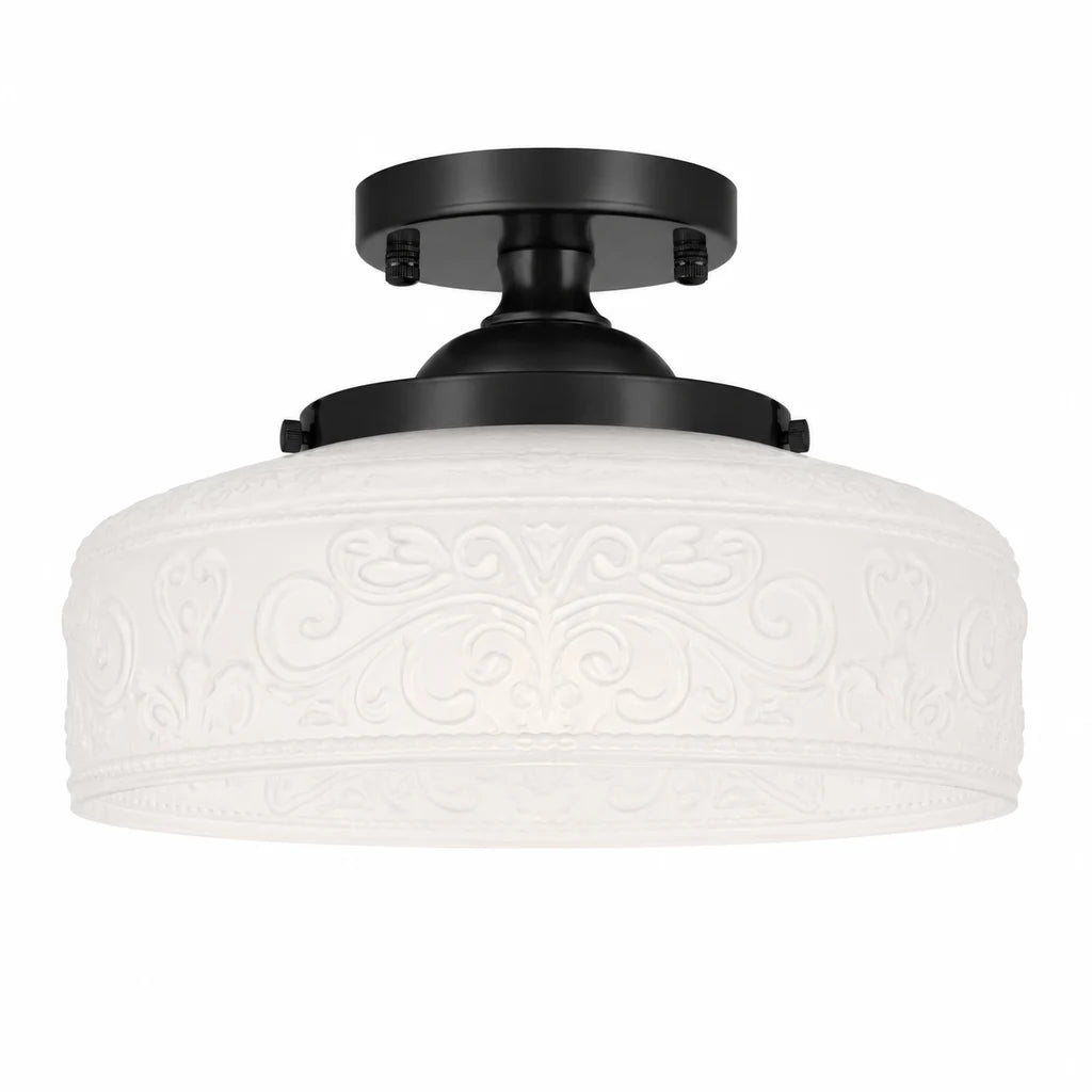 Rosalie black and milky white embossed glass semi flush ceiling light on white