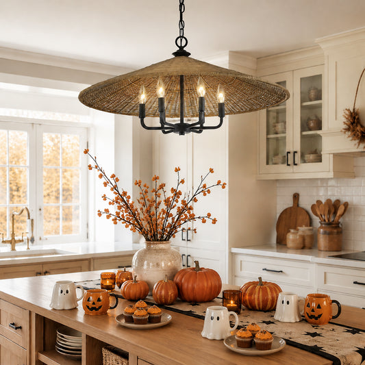 Suspension conique en rotin noir à 6 lumières de style campagnard américain 