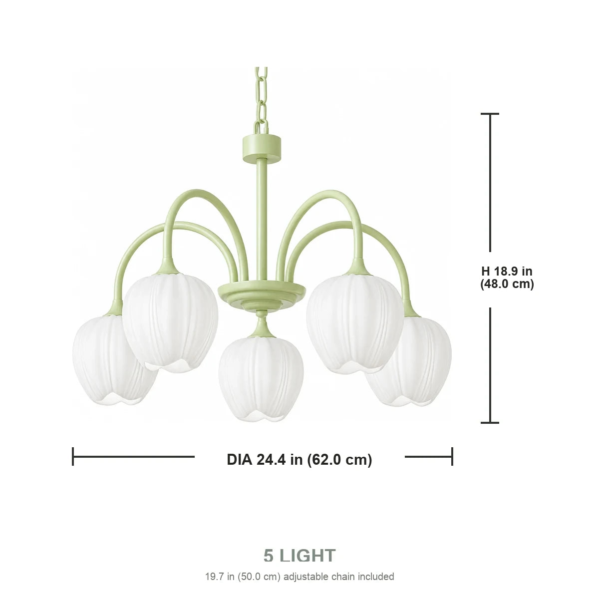 Tessara 5-light chandelier dimensions diagram with inch and centimeter measurements