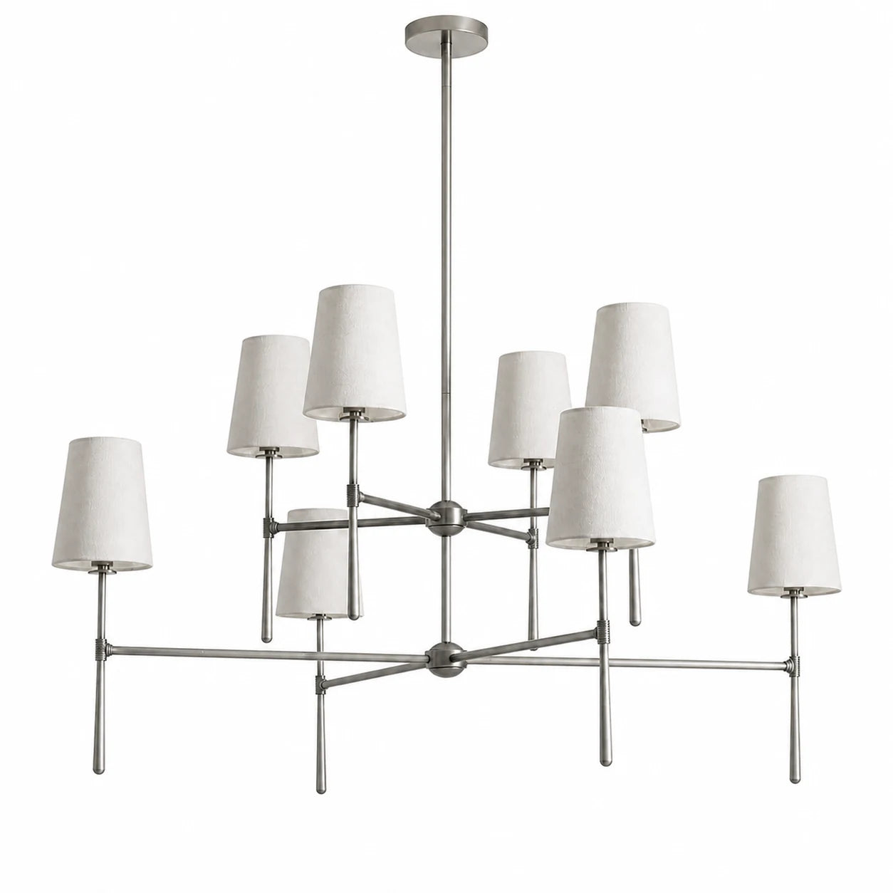 Nickel eight-light 4+4 two-tier Thalen chandelier on a white background