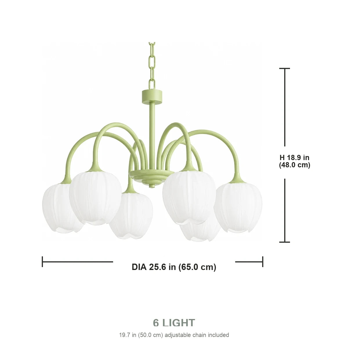 Tessara 6-light chandelier dimensions diagram with inch and centimeter measurements