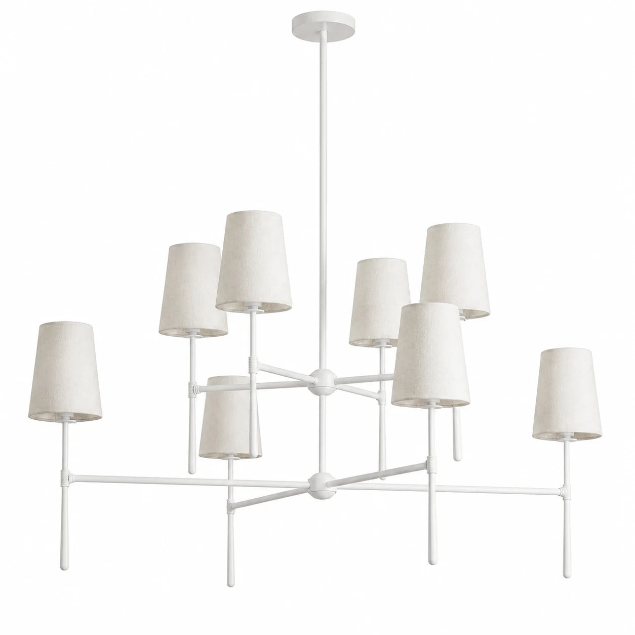 White eight-light 4+4 two-tier Thalen chandelier on a white background