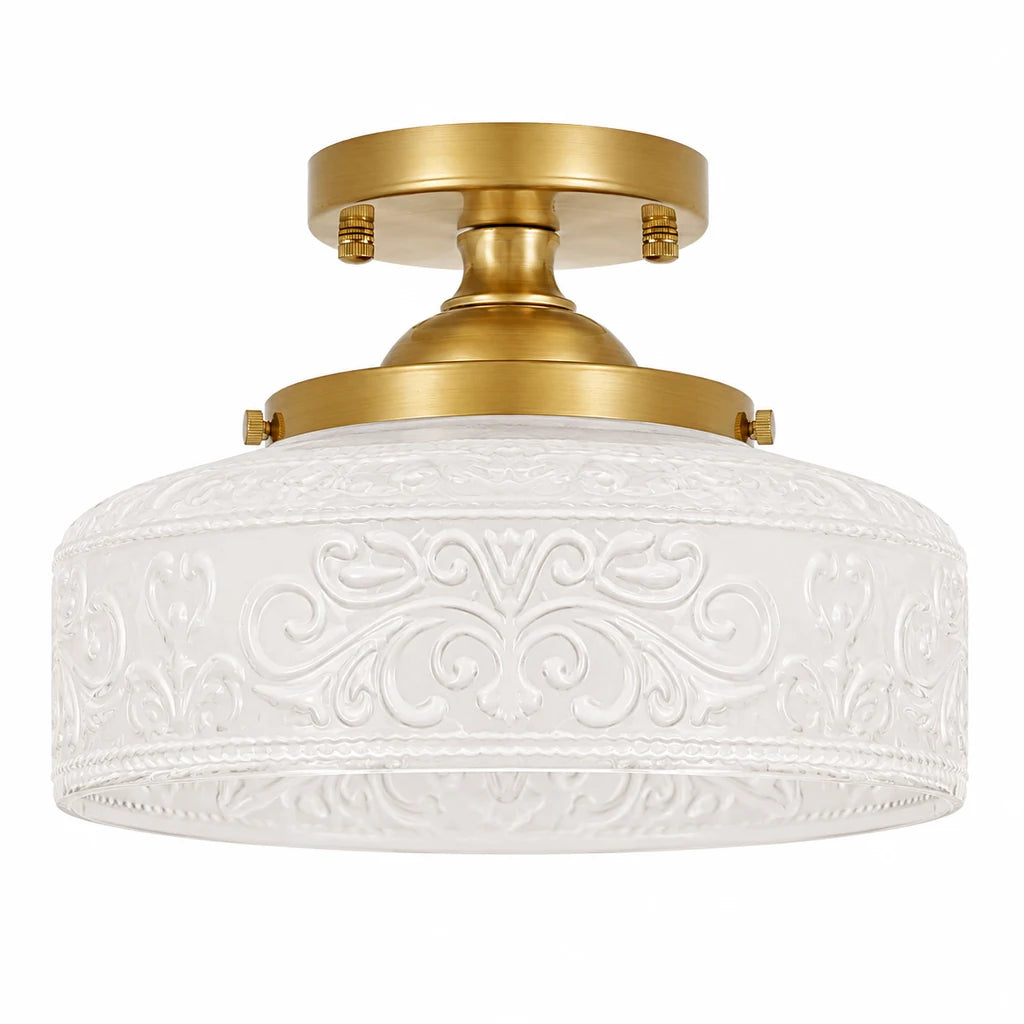 Rosalie gold and milky white embossed glass semi flush ceiling light on white