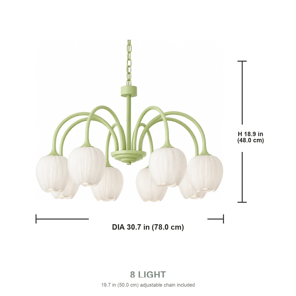 Tessara 8-light chandelier dimensions diagram with inch and centimeter measurements