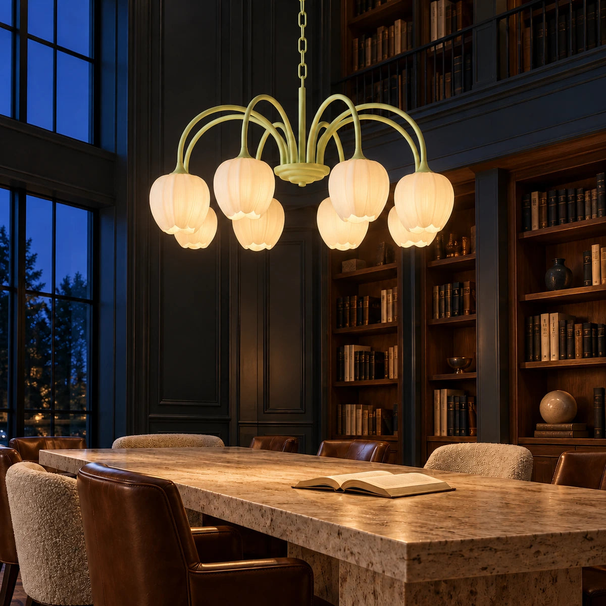 Eight-light matcha green tulip chandelier glowing in a dark premium library at night