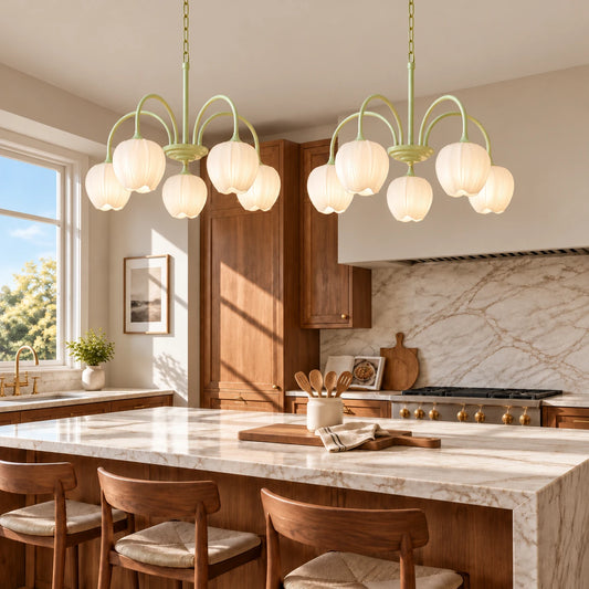 Pair of five-light matcha green tulip chandeliers correctly suspended above a refined kitchen island with utensils