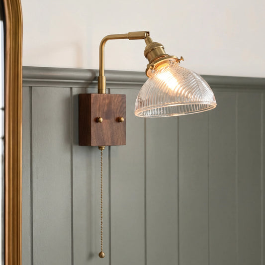 Marlowe Walnut Glass Pull-Chain Wall Sconce