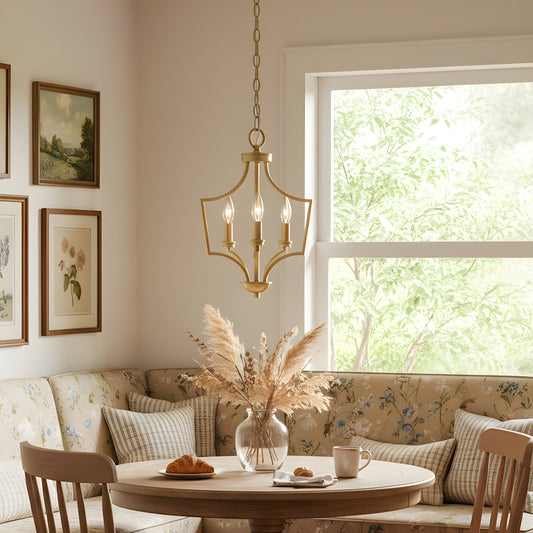 Mid-century Farmhouse Gold 3-Light Lantern Chandelier for Kitchen Island