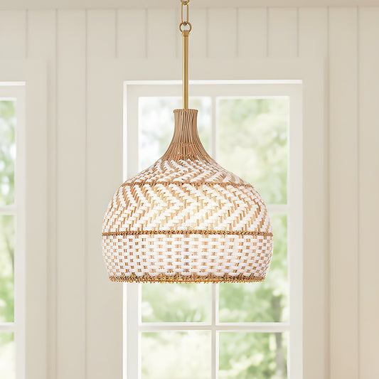 3 Light Rustic Rattan Two Tone Color Dome Pendant Light