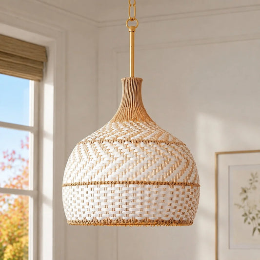 3 Light Rustic Rattan Two Tone Color Dome Pendant Light