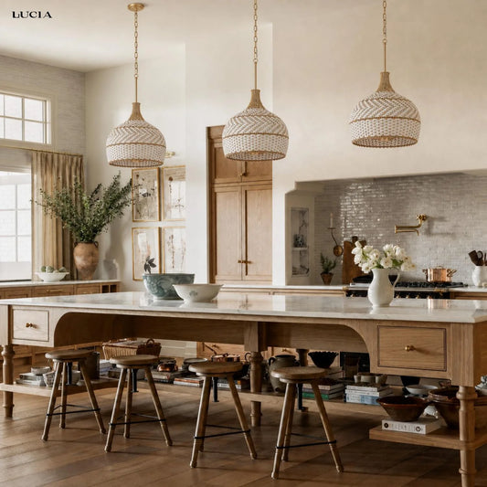 3 Light Rustic Rattan Two Tone Color Dome Pendant Light