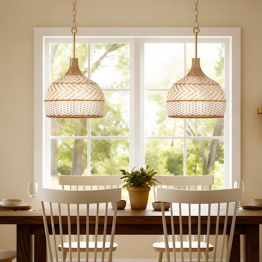 3 Light Rustic Rattan Two Tone Color Dome Pendant Light