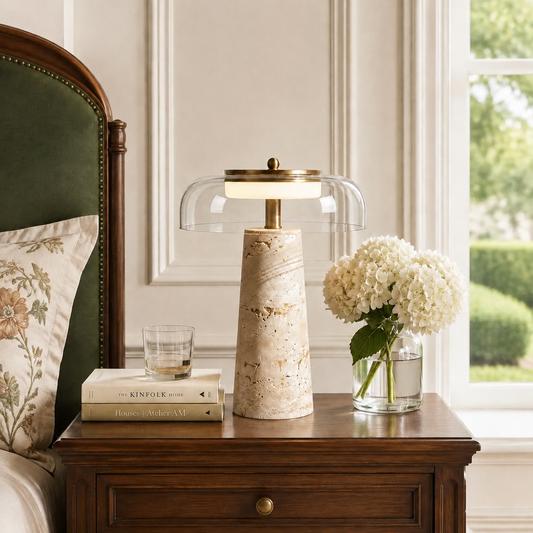 Ryn Wabi‑Sabi Travertine Glass Mushroom Table Light