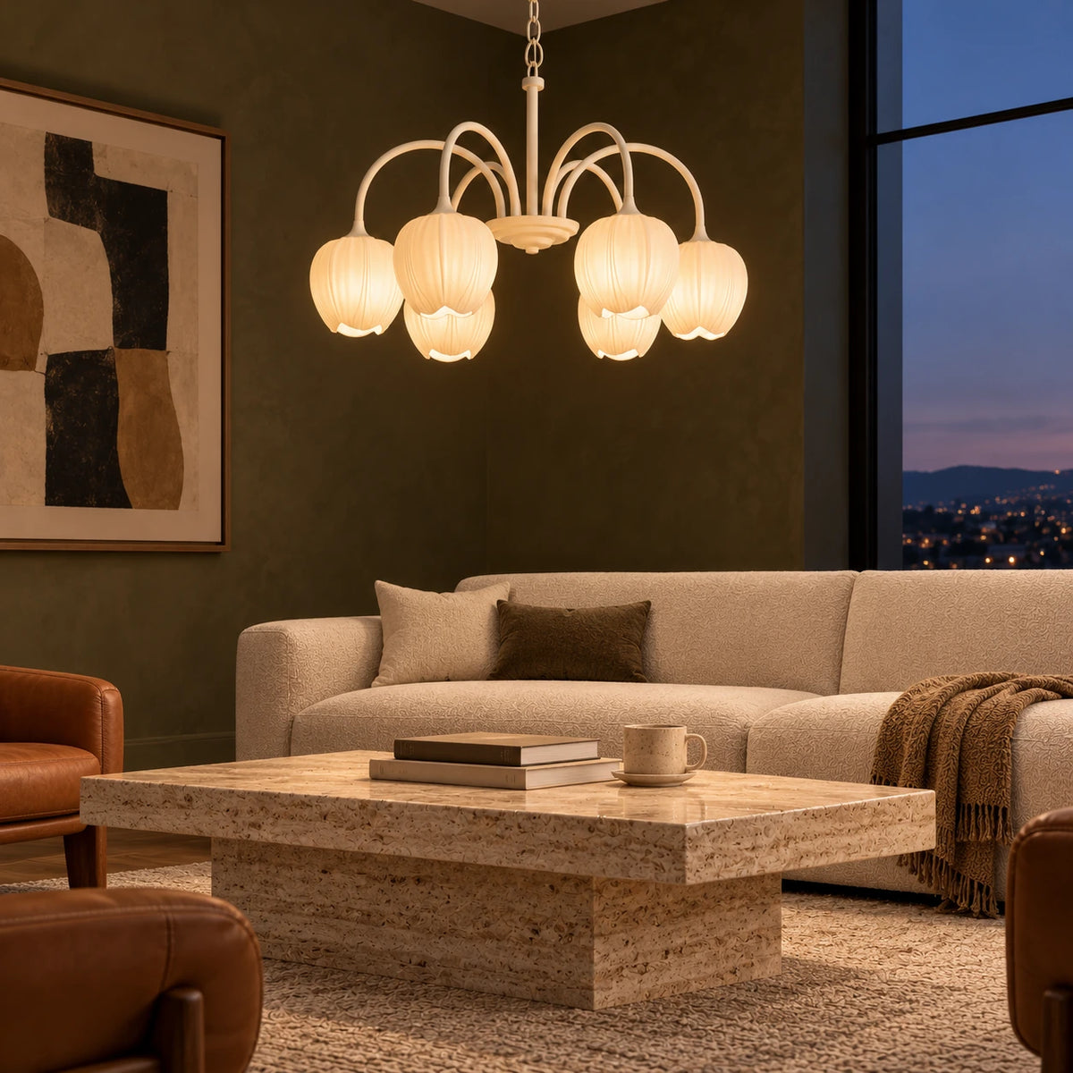 Six-light creamy white tulip chandelier fully shown in a dark olive living room at night