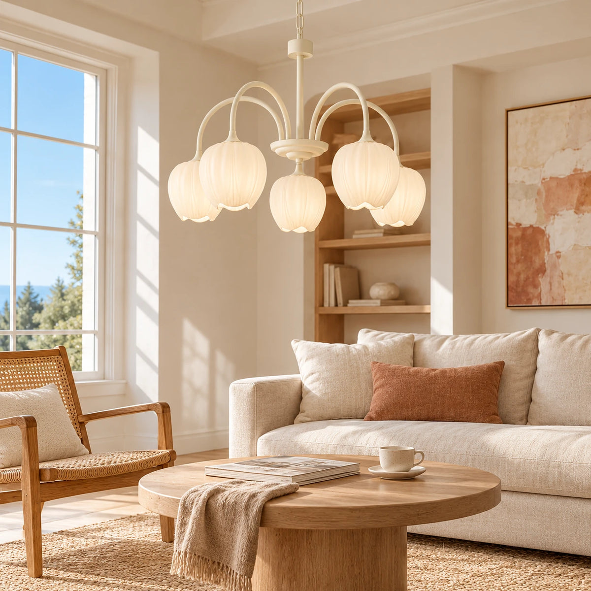 Five-light creamy white tulip chandelier fully shown in a bright ivory living room