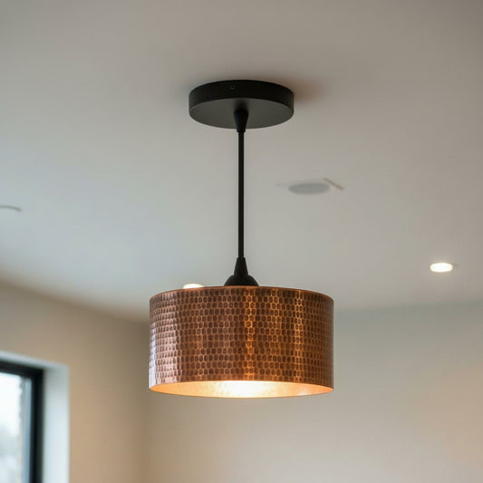 Cedric Vintage Hammered Copper Drum Pendant Light
