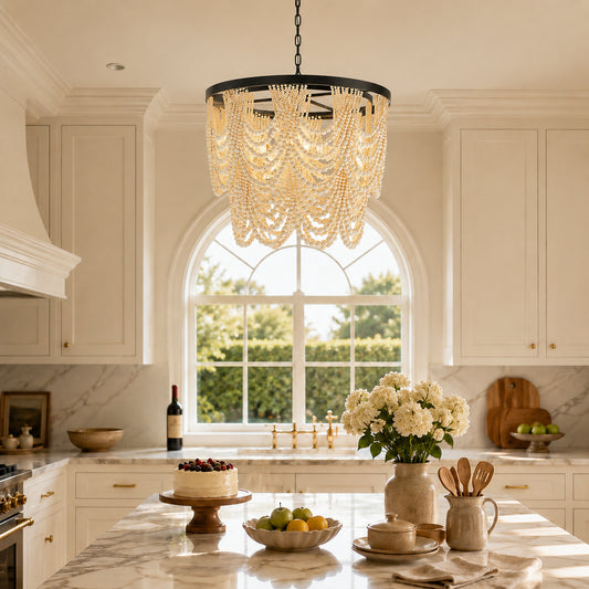 Kaelith Farmhouse Tiered Wood‑Bead Chandelier