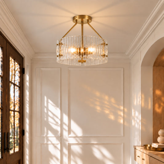 Jorath Modern Ribbed Glass Drum Ceiling Light