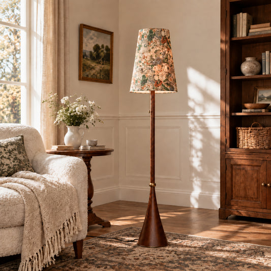 Pwyll Vintage Floral Wood Fabric Conical Floor Light