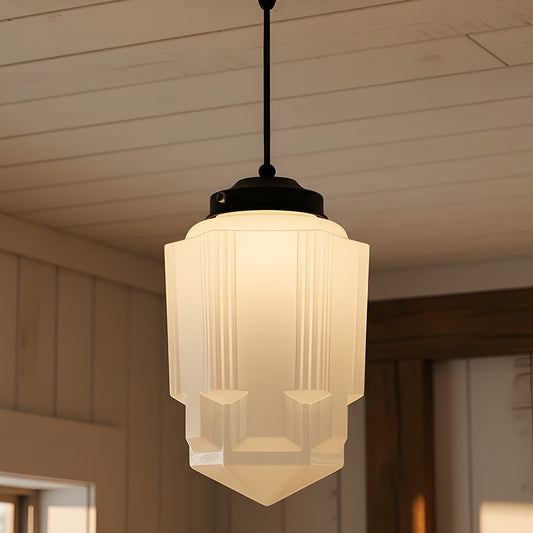 Vintage Art Deco Geometric Milk Glass Pendant Light