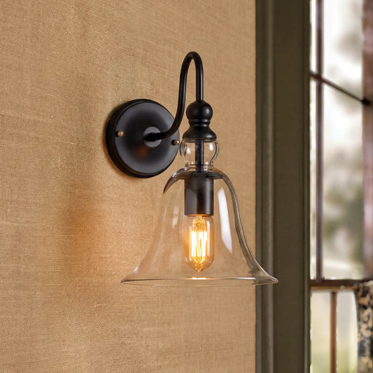 Alden Vintage Black Clear Bell Glass Shade Wall Sconce