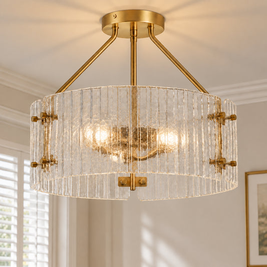 Jorath Modern Ribbed Glass Drum Ceiling Light