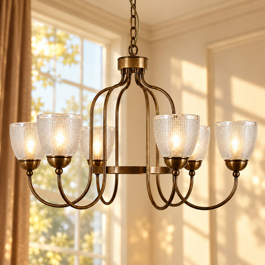 Ilaz Vintage Brass Textured Grid Glass Chandelier