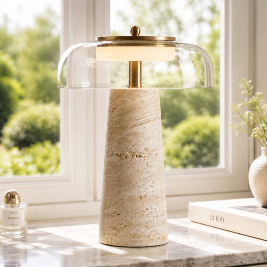 Ryn Wabi‑Sabi Travertine Glass Mushroom Table Light
