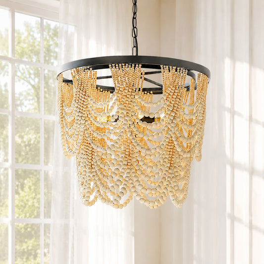 Kaelith Farmhouse Tiered Wood‑Bead Chandelier