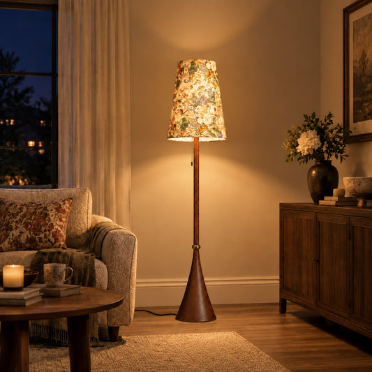 Pwyll Vintage Floral Wood Fabric Conical Floor Light